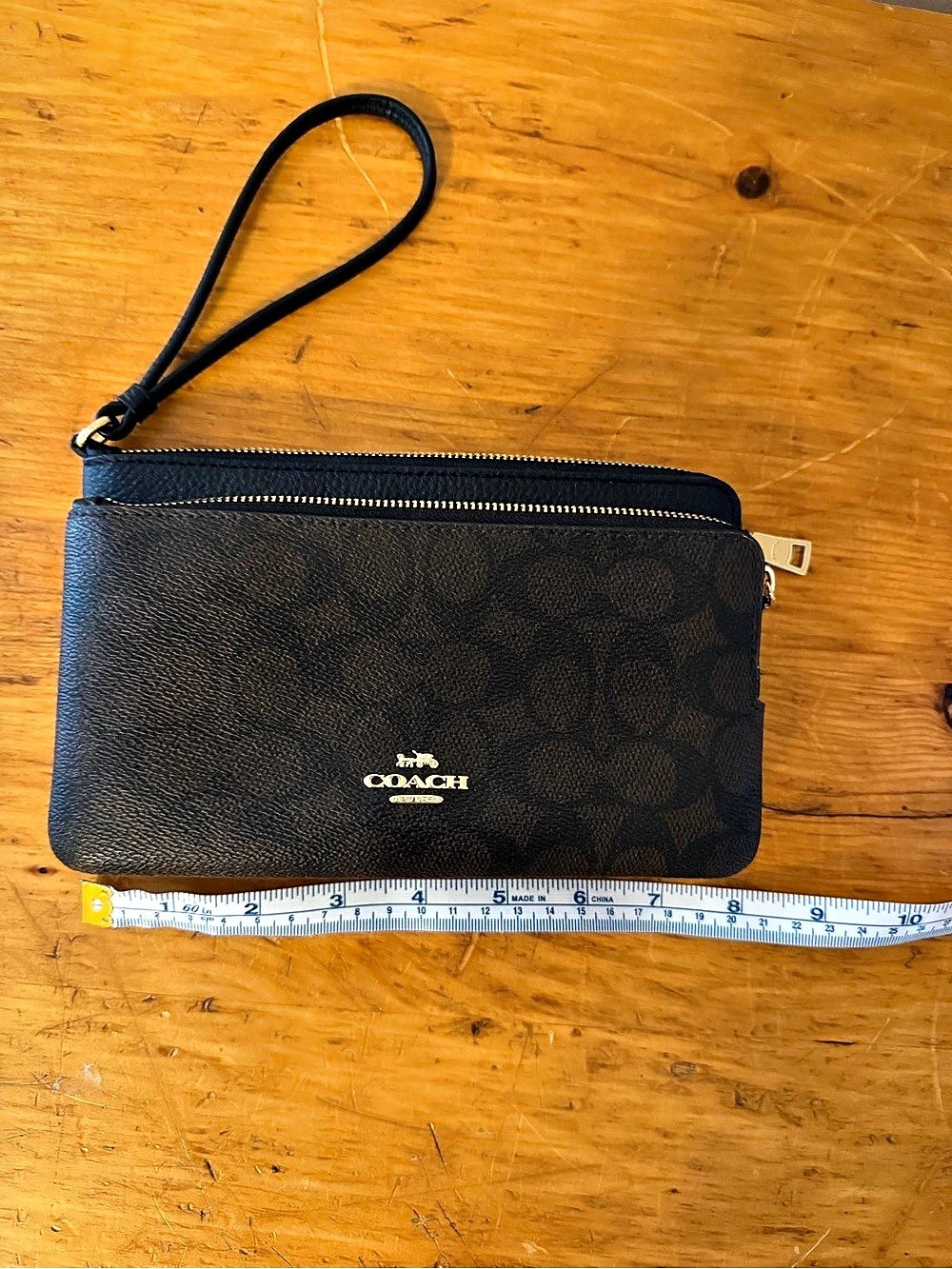 Coach Double Zip Wristlet in Signature Canvas Black & Brown